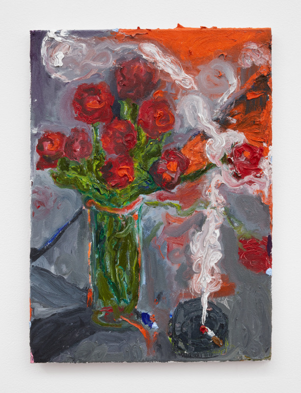 Jason Roberts Dobrin, &quot;Untitled (wildfire sunlight light, red roses and smoking cigarette in black ashtray),&quot; 2021
