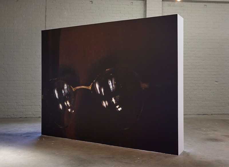&quot;Seagrams (Glasses)&quot;, 2015. Inkjet on adhesive vinyl, freestanding wall. 96 x 126 x 14 inches.