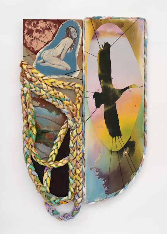 Elaine Stocki, &quot;Looking Painting, leaving (figurehead)&quot;, 2023, watercolor and oil on linen and canvas, embroidery thread, braided drop cloth, 66 x 40 1/2 in (167.6 x 102.9 cm)