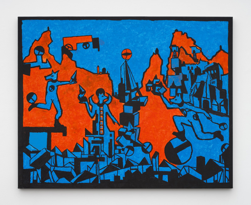 Derek Boshier,&nbsp;&quot;Strange Lands: Planet Orange&quot;, 2023,&nbsp;acrylic on canvas,&nbsp;48 x 60 in (121.9 x 152.4 cm)