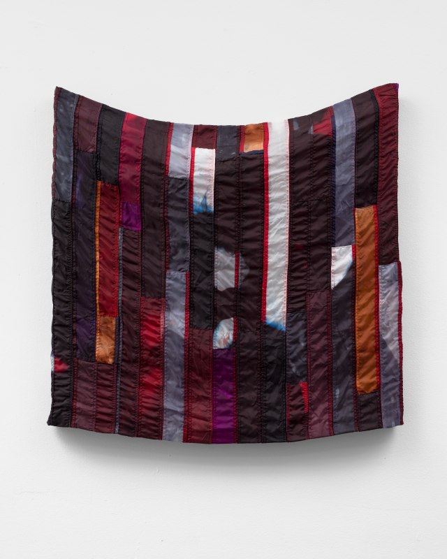 Carla Edwards, &quot;Flicker, Flash, Flair&quot;, 2024, American flags, bleach, nylon dye, 32 x 33 in (81.2 x 83.8 cm)