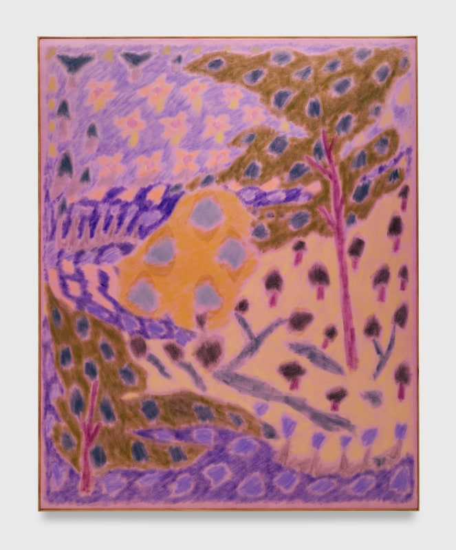 Larissa Lockshin, &quot;Untitled (Echo Storm)&quot;, 2025, oil and soft pastel on satin with carve wood frame, 60 1/2 x 48 1/2 in (153.7 x 123.2 cm)