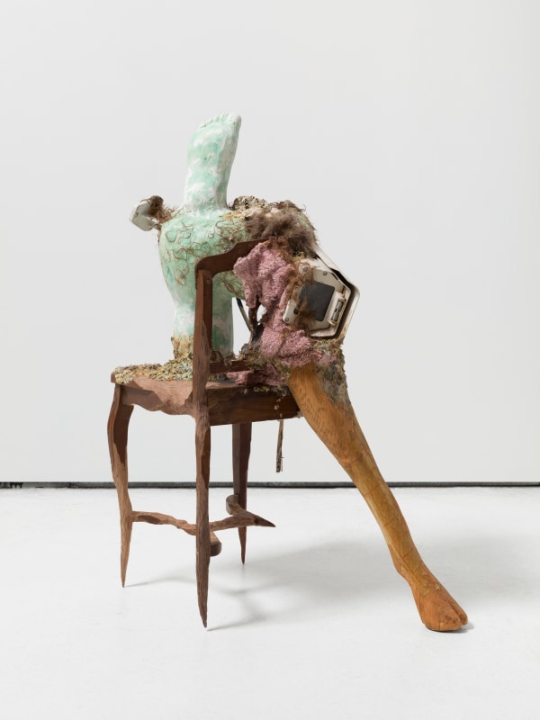 Catalina Ouyang, &quot;risk assessment (What left what buried what tried to close)&quot;, 2021, wood, found chair, discarded security camera, paper pulp, plaster, beeswax, oil paint, epoxy clay, steel, oyster shells, horse hair,&nbsp;41 x 26 x 21 in (104.1 x 66 x 54.3 cm)