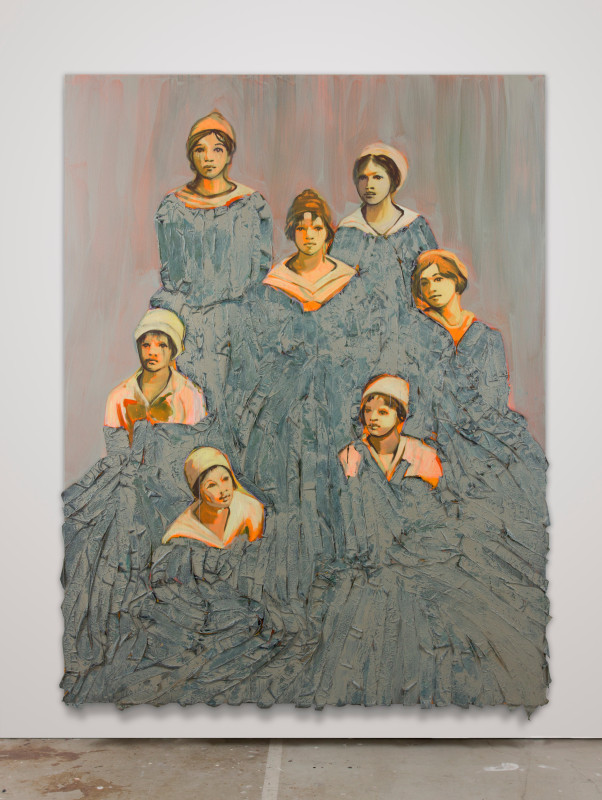 Claire Tabouret, &quot;The Team,&quot; 2016, acrylic and fabric on canvas, 118 x 90 in (300 x 230 cm)