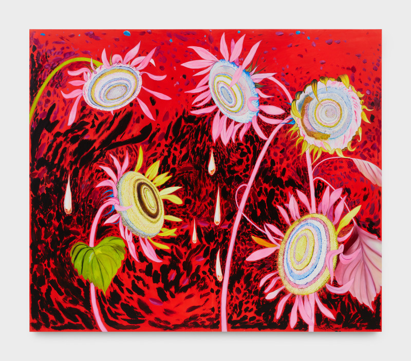 Paul Heyer, &quot;312 (Sunflowers on Red),&quot; 2022, oil and acrylic on polyester, 72 x 84 in (182.9 x 213.4 cm)
