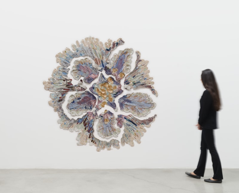 Brie Ruais, &quot;Petaling Within Mother, 130lbs&quot;, 2024, glazed stoneware, hardware, 73 x 75 x 3 in (185.4 x 190.5 x 7.6 cm)
