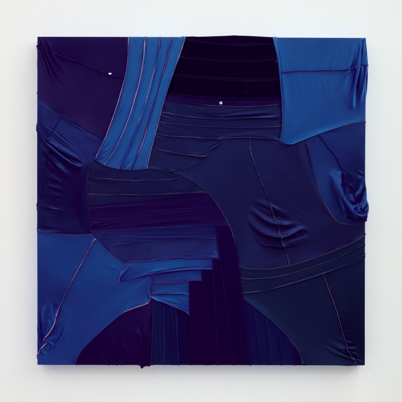 CAMOUFLAGE #072 (Blue Note), 2021,&nbsp;durags and acrylic on wood panel,&nbsp;48 x 49 in (121.9 x 124.5 cm)