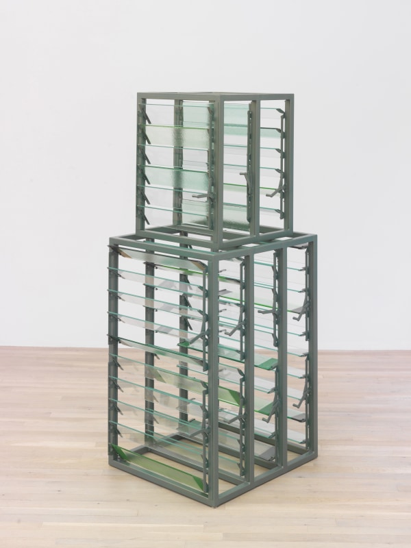Anne Libby,&nbsp;&quot;Inner Echo (green)&quot;, 2022, powder coated steel and aluminum, glass, 59 x 22 1/2 x 30 in (149.8 x&nbsp;55.8 x&nbsp;76.2 cm)