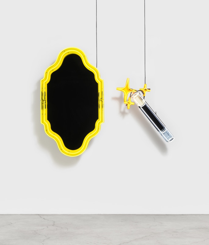 Divya Mehra, &quot;Mirror, Mirror (but my cowardice was always more powerful than my ethics),&quot; 2021, neon, plexi, overall dimensions: 56 x 74 in (142.2 x 188 cm) mirror: 56 x 32 in (142.2 x 81.3 cm) wand: 31 x 32 3/4 in (78.7 x 83.2 cm)