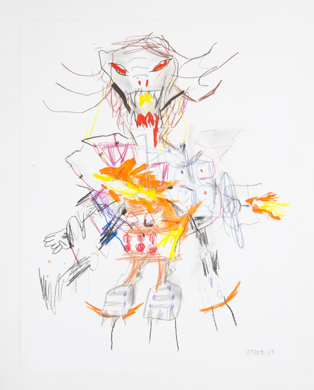 Robert Nava, &quot;Learning to Use Fire,&quot; 2019, crayon, grease pencil, and pencil on paper, 24 x 19 in (61 x 48.3 cm)