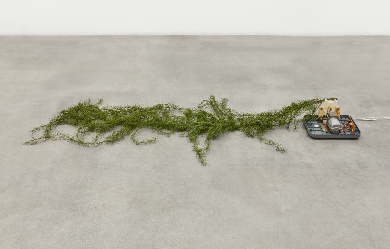 Rachel Youn, &quot;Creature&quot;, 2021, chi swing motor, artificial garland, 8 1/2 x 30 x 88 in (21.6 x 76.2 x 223.5 cm)