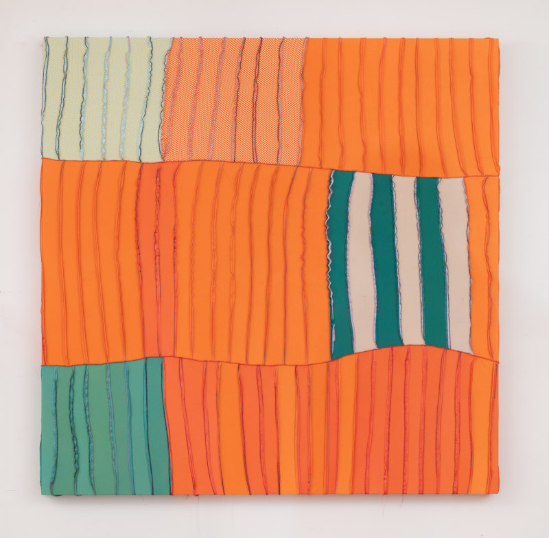 Anthony Olubunmi Akinbola, &quot;Orange Cactus&quot;, 2024, durag on wooden panel, 60 x 60 x 3 in (152.4 x 152.4 x 7.6 cm)