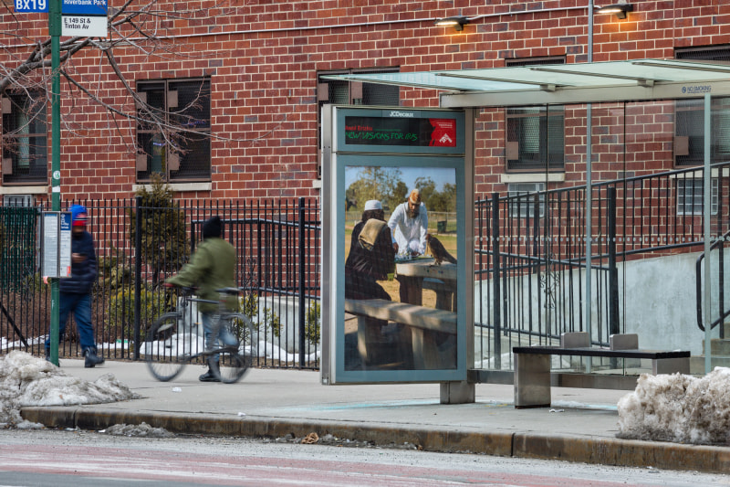 &quot;Park Match,&quot; 2020, 149th St. between Tinton Ave. and Wales Ave., The Bronx, as a part of Awol Erizku: New Visions for Iris, an exhibition on 350 JCDecaux bus shelter displays across New York City and Chicago. Photo: Nicholas Knight, Courtesy of Public Art Fund, NY.
