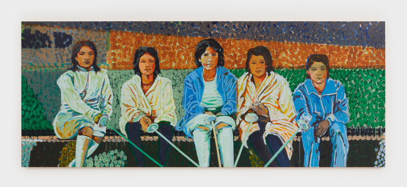 Claire Tabouret, &quot;Fencers,&quot; 2022, acrylic on canvas,&nbsp;48 x 120 in (121.9 x 304.8 cm)