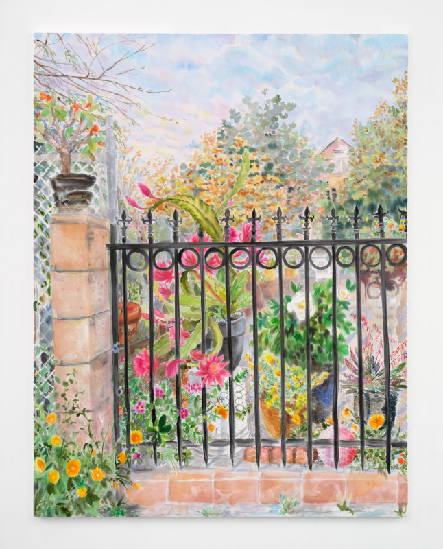 Michelle Blade, &quot;Neighbor&rsquo;s Garden 2&quot;, 2025, acrylic and ink on poplin, 80 x 62 in (203.2 x 157.5 cm)