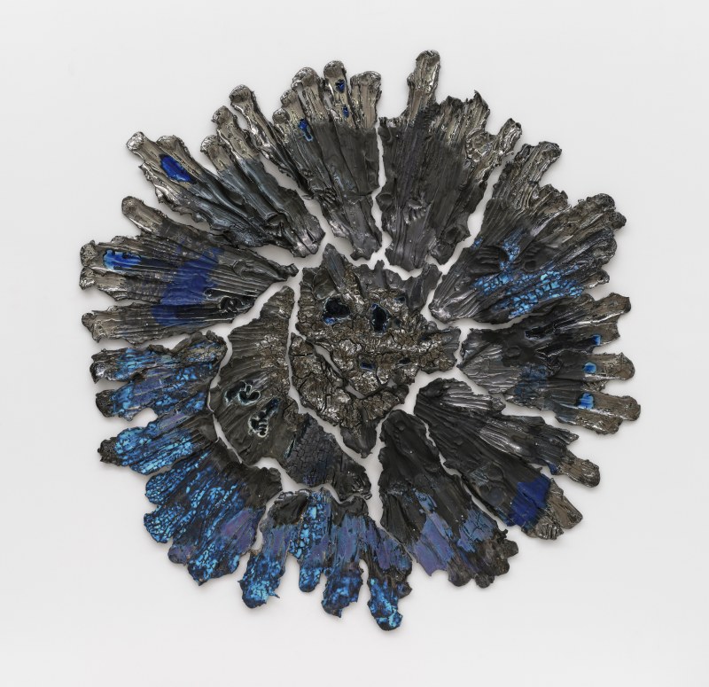 Brie Ruais, &quot;Spreading Outward, New Moon, 130 lbs&quot;, 2023, glazed stoneware, rocks, hardware, 77 1/4 x 74 3/4 x 3 1/4 in (196.2 x 189.9 x 8.3 cm)