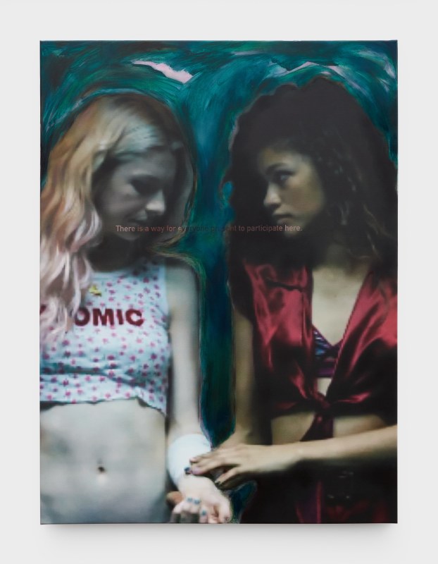 love you Hunter and Zendaya, 2022,&nbsp;print on canvas, oil paint,&nbsp;54 x 40 in (137.2 x 101.6 cm)