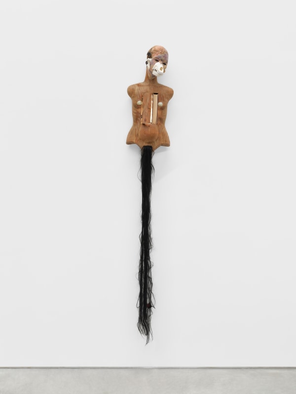 Cato Ouyang, &quot;reliquary corpus&quot;, 2021, wood, soapstone, hair, gray wolf skull, plaster, paper pulp, epoxy clay, color pigment, resin, beeswax, chiffon, polymer clay, light, book, 93 1/4 x 12 1/2 x 8 1/8 in (236.9 x 31.8 x 20.6 cm)