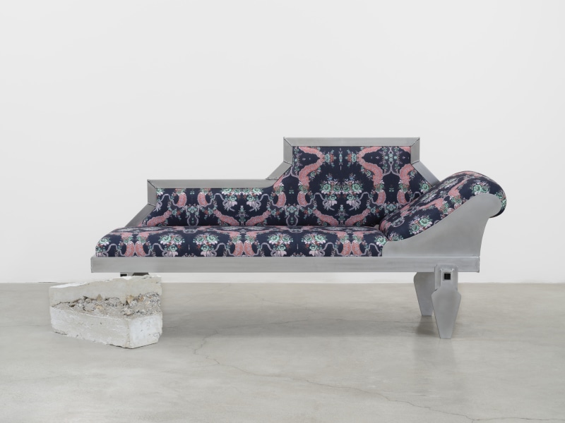 Carla Edwards, &quot;Chaise for Ghosts (Inverse)&quot;, 2023, aluminum, tabby, custom textile, offering, 39 x 91 x 33 in (99.1 x 231.1 x 83.8 cm)