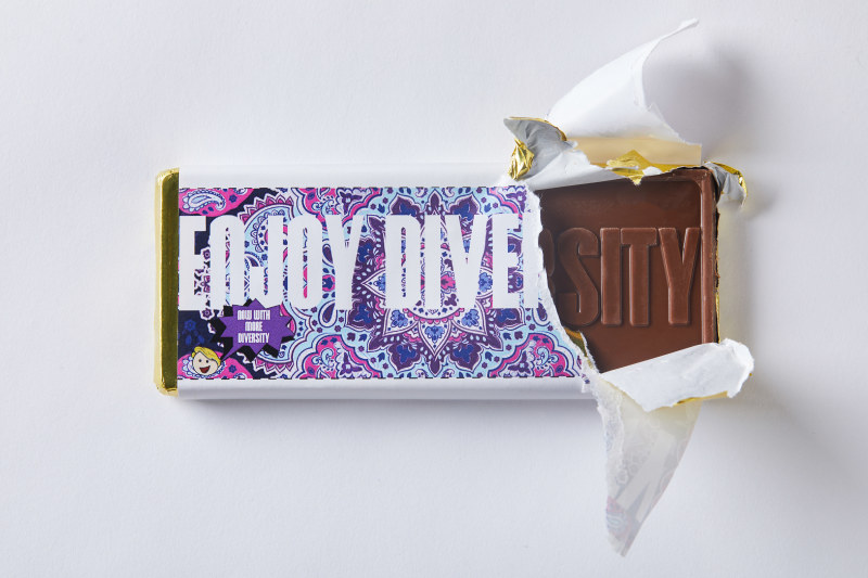 Divya Mehra, &quot;Eating Right for your type (bad taste =&lt; poor taste),&quot; 2015-2019, chocolate, wrapper, 2 x 6 x 1 1/4 in (5 x 15.2 x 3.1 cm)