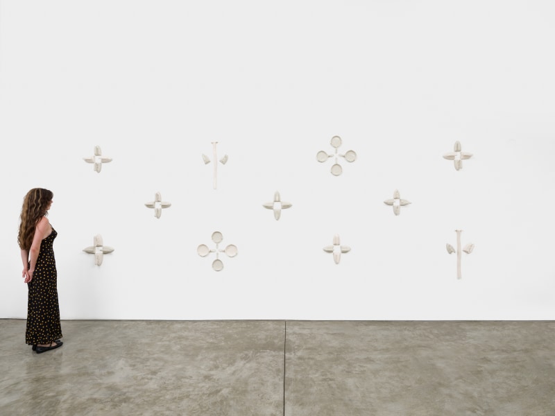 LaRissa Rogers, &quot;Fingers of God&quot;, 2025, 42 porcelain-cast heirlooms, dimensions variable; 15 x 14 1/2 x 3 3/4 in (38.1 x 36.8 x 9.5 cm), 20 x 19 x 1 in (50.8 x 48.3 x 2.5 cm), 24 x 12 x 4 in (61 x 30.5 x 10.2 cm)