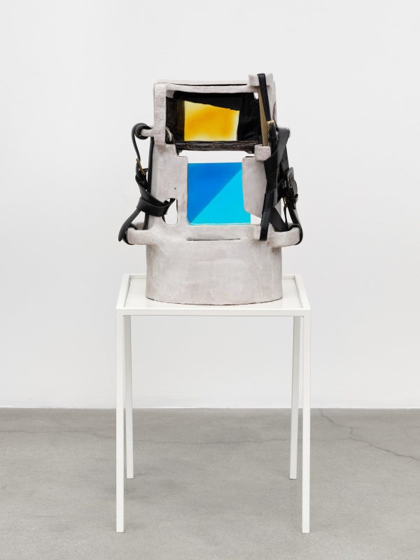 Sahar Khoury, &quot;Untitled (split window, yellowfins and blue mirror with four handles and black belts)&quot;, 2021, ceramic, architectural glass test pieces, leather belts, silicone, 20 &times; 10 &times; 15 in (50.80 &times; 25.40 &times; 38.10 cm)