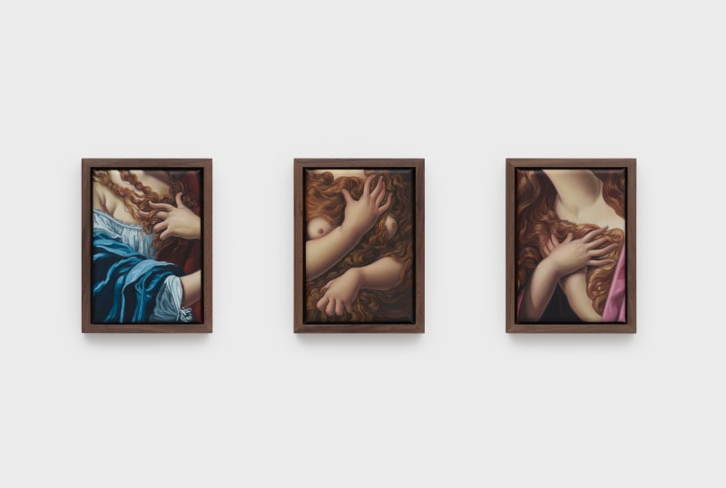 Jesse Mockrin,&nbsp;Temptation, Modesty, Treasure, 2024, installation view,&nbsp;oil on linen,&nbsp;7 x 5 in (17.8 x 12.7 cm) each
