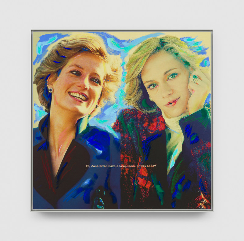 Cara Benedetto, &quot;Lol Kristen!&quot;, 2024, dye sublimation print on aluminium, gouache, oil pastel, prismacolor and sharpie, 16 &frac12; x 16 &frac12; x 2 in&nbsp;(41.9 x 41.9 x 5 cm)
