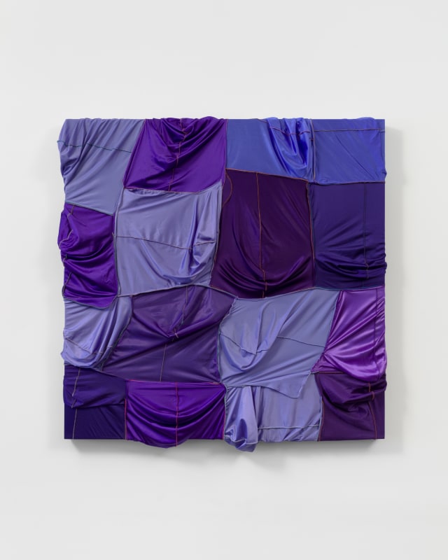 CAMOUFLAGE (&quot;The Color Purple&quot;), 2022,&nbsp;durags and acrylic on wood panel,&nbsp;48 x 48 in (121.9 x 121.9 cm)