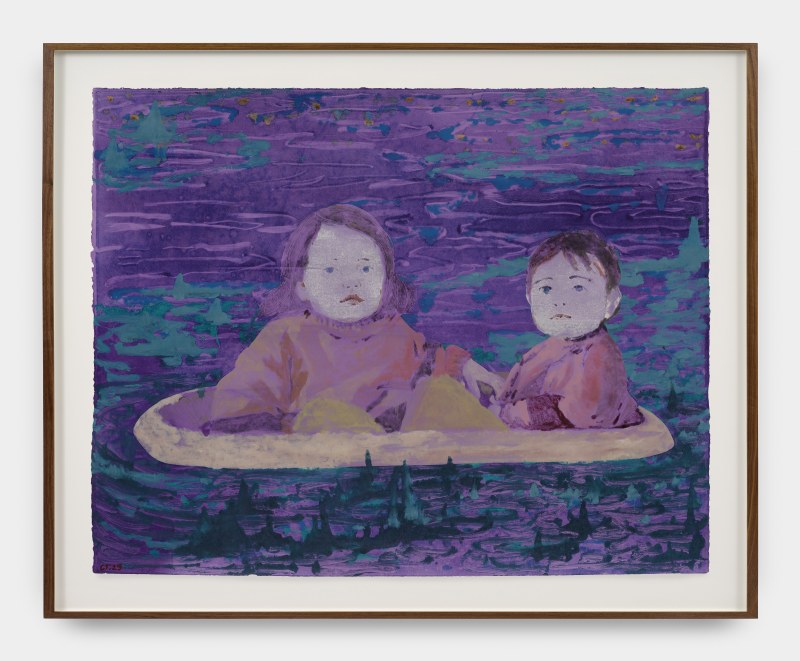 Claire Tabouret, &quot;The Small Boat (purple)&quot;, 2025, acrylic and ink on paper, 38 1/2 x 48 1/2 x 2 in (97.8 x 123.2 x 5.1 cm)