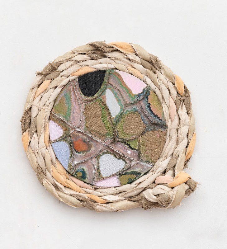 Elaine Stocki, &quot;Faultine&quot;, 2024, watercolor and oil on stitched linen with braided canvas surround, 22 1/2 x 22 1/2 in (57.1 x 57.1 cm)