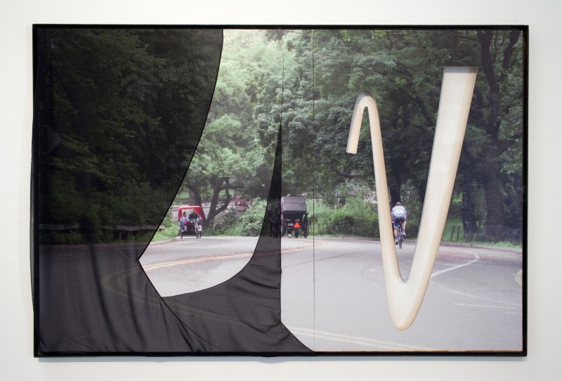 Central Park (Three Riders, Motherwell), 2015, inkjet print on adhesive vinyl, BC plywood, silk chiffon, plexi glass,&nbsp;60 x 48 in (152.4 x 182.9cm)