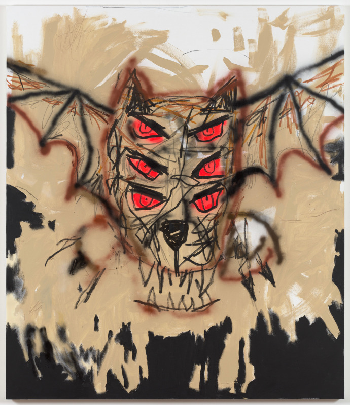Robert Nava, &quot;Vampire Bat,&quot; 2019, acrylic, grease pencil, and crayon on canvas, 90 x 72 in (228.6 x 182.9 cm)