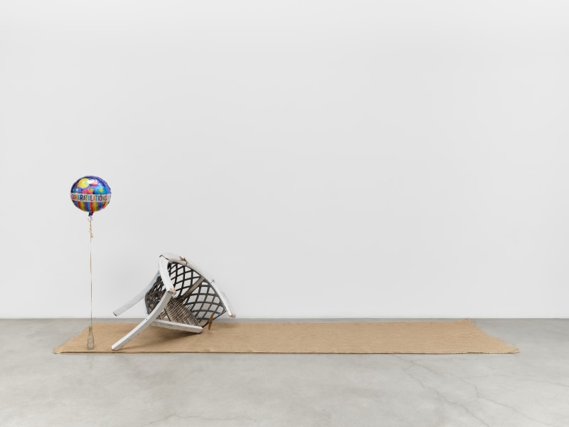 Daniel T. Gaitor-Lomack, &quot;A Chair for A Powerful Curator&quot;, 2025, reclaimed wood chair, nails, burlap, and balloon, 60 x 160 x 36 in (152.4 x 406.4 x 91.4 cm)
