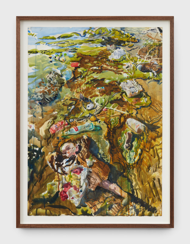 Sterling Wells, &quot;Los Doll and Other Debris (Los Angeles River),&quot; 2022, watercolor on paper, 23 3/4 x 17 (60.3 x 43.2 cm)