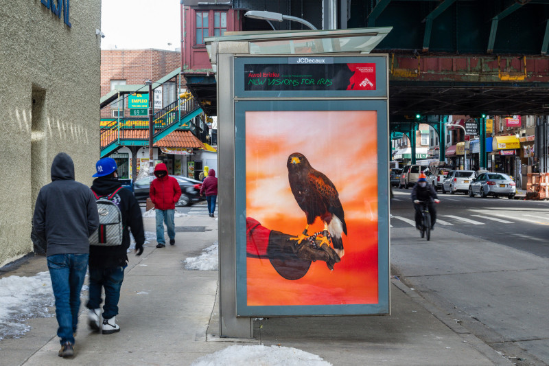 &quot;Arrival,&quot; 2020, Roosevelt Ave. between 69th St. &amp; 68th St., Queens, as a part of Awol Erizku: New Visions for Iris, an exhibition on 350 JCDecaux bus shelter displays across New York City and Chicago. Photo: Nicholas Knight, Courtesy of Public Art Fund, NY.