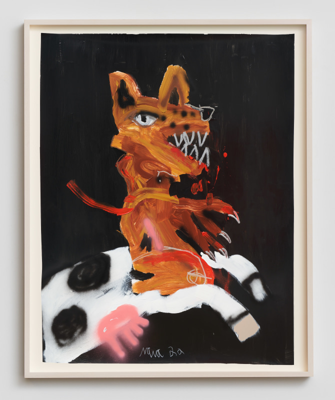 Robert Nava, &quot;Bloodsport Wolf-Cow,&quot; 2022, acrylic, oil stick, crayons, grease pencil on paper, 77 1/2 x 60 in (196.9 x 152.4 cm)