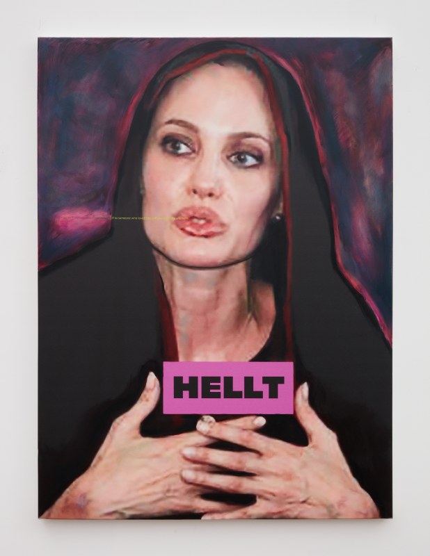 love you Angelina, 2022,&nbsp;print on canvas, oil paint,&nbsp;54 x 40 in (137.2 x 101.6 cm)