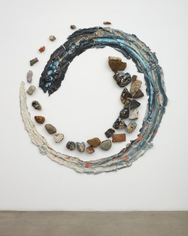 Brie Ruais, &quot;Turning Over, 128lbs of clay and another of rocks and rubble,&quot; 2020, glazed and pigmented stoneware, rocks, rubble, hardware, 80 x 78 x 4 in (203.2 x 198.1 x 10.2 cm)