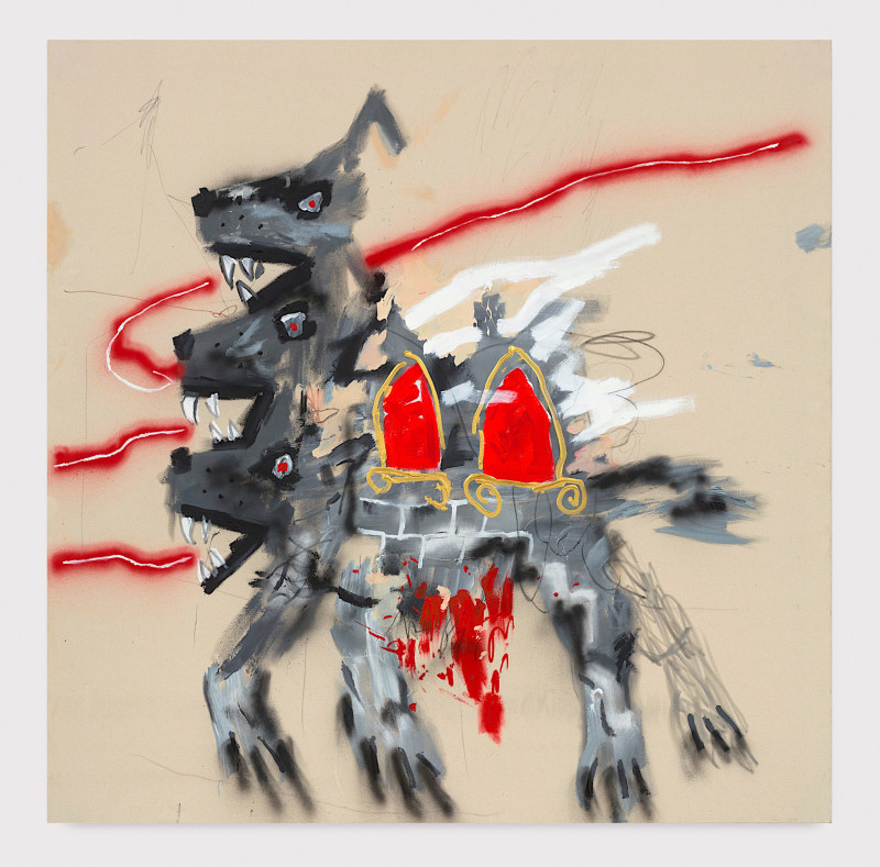 Robert Nava, &quot;Beware of Wolves, Two Rooms for Rent,&quot; 2020, acrylic, grease pencil, and pencil on canvas, 72 x 72 in (182.9 x 182.9 cm)