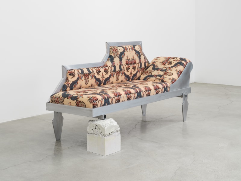 Carla Edwards, &quot;Chaise for Ghosts (Mirror)&quot;, 2023, aluminum, tabby, custom textile, offering, 39 x 91 x 33 in (99.1 x 231.1 x 83.8 cm)