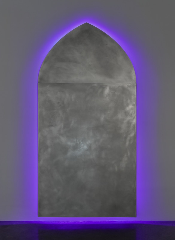 Carla Edwards, &quot;Sat by the Door in Spectral Violet&quot;, 2023, waxed aluminum plate, black light, 96 x 48 x 1 3/4 in (243.8 x 121.9 x 4.4 cm)