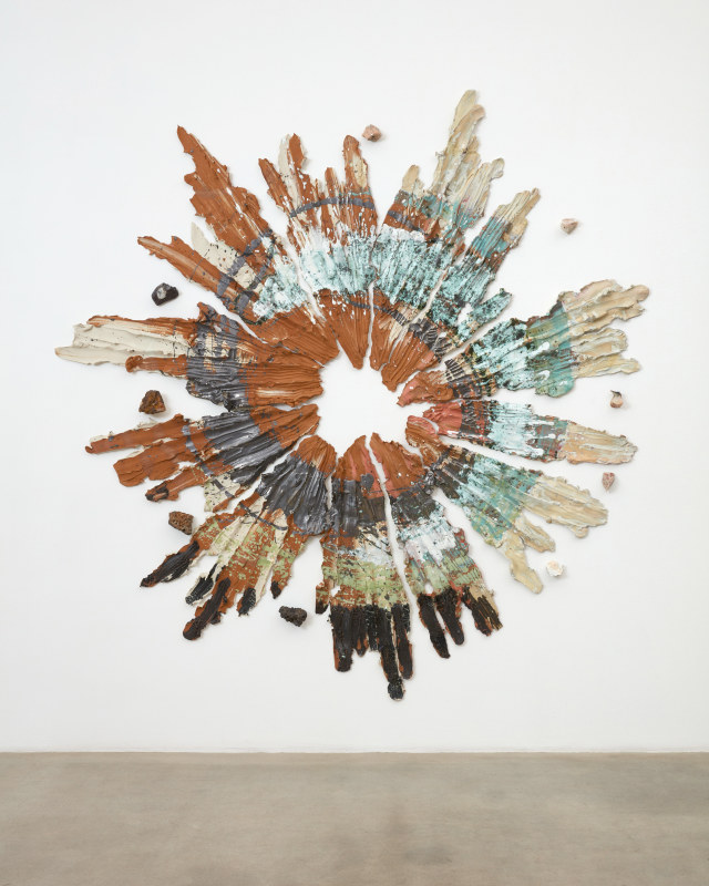 Brie Ruais, &quot;Expanding, Circling, Protecting, 127lbs,&quot; 2020, glazed and pigmented stoneware, found rocks, hardware, 104 x 100 x 3 1/2 in (264.2 x 254 x 8.9 cm)