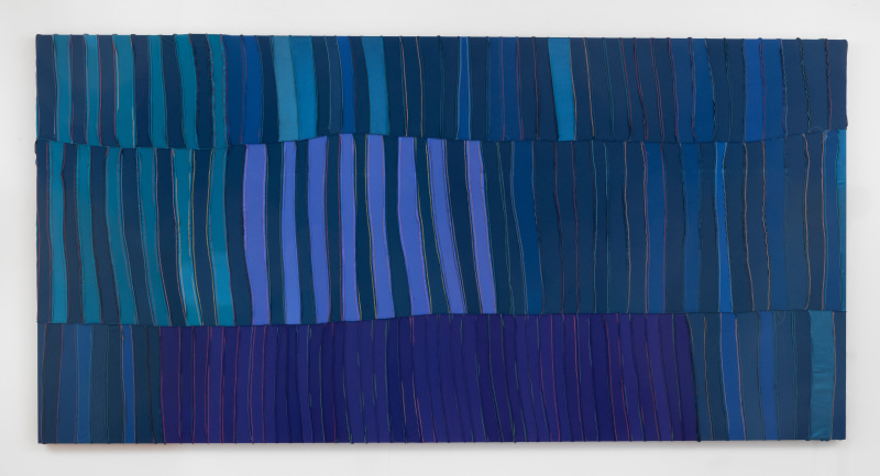 Anthony Olubunmi Akinbola, &quot;Blue Train&quot;, 2024, durags on wooden panel, 60 x 120 x 3 in (152.4 x 304.8 x 7.6 cm)