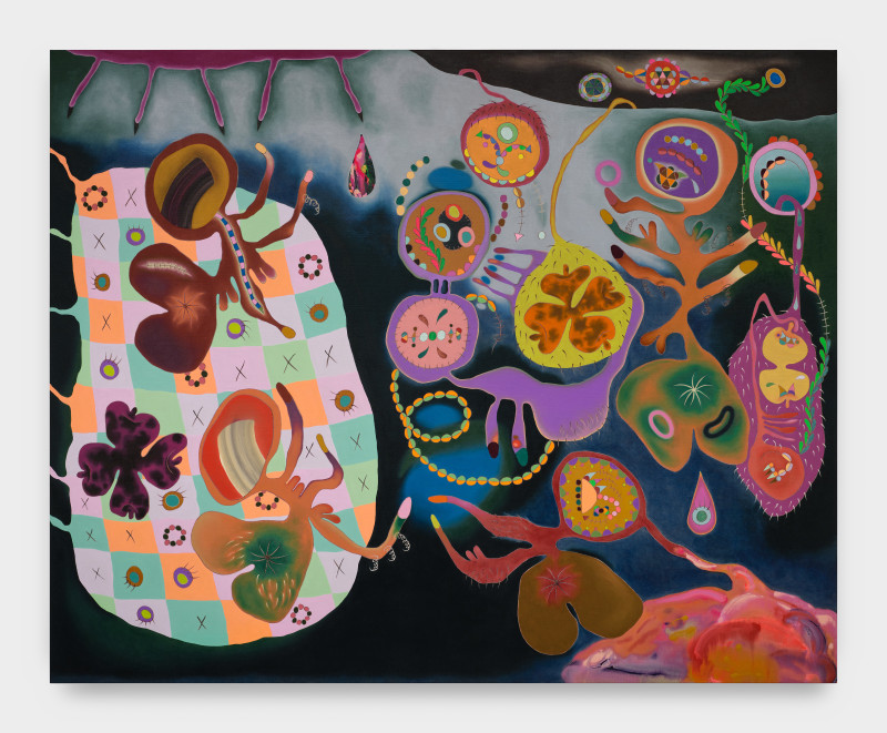 Nasim Hantehzadeh, &quot;Suction Helps Breathing Air&quot;, 2025, oil paint, oil stick, and acrylic on linen , 78 3/4 x 98 3/8 in (200 x 249.9 cm)