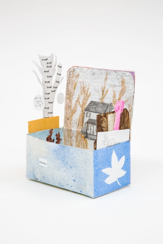 Marisa Takal, &quot;You Me and Truth Tree,&quot; 2020, acrylic, pen, pencil, colored pencil, packing tape, fabric, fabric dye on tea box, 7 x 5 1/2 x 3 in (17.8 x 14 x 7.6 cm)