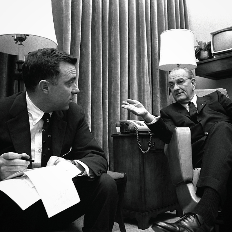 President Lyndon B. Johnson Working with Joseph Califano, 1968.