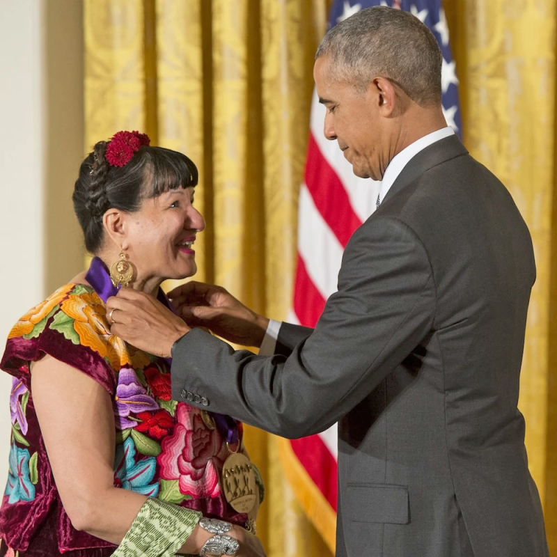 Author&amp;nbsp;Sandra Cisneros receives the 2015 National Medal of Arts Award from President Barack Obama, September 22, 2016.