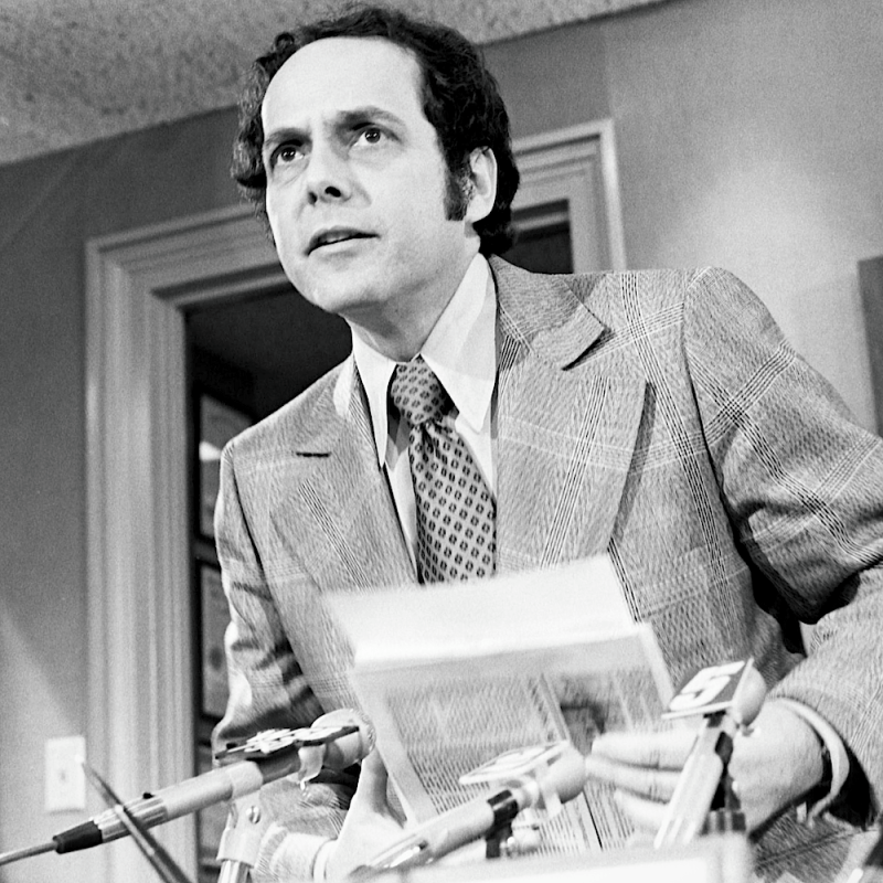 Atlanta Mayor Sam Massell at a press conference regarding alleged acts of brutality perpetrated by Atlanta police officers, 1973.
