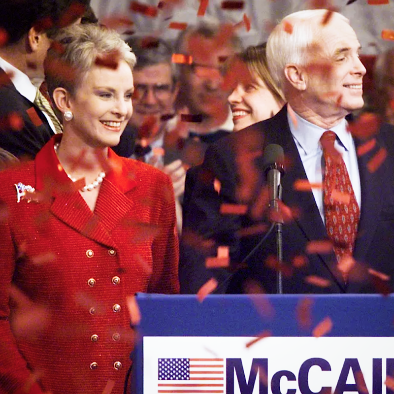 Cindy McCain and presidential hopeful John McCain, celebrate his victory speech in 2000.